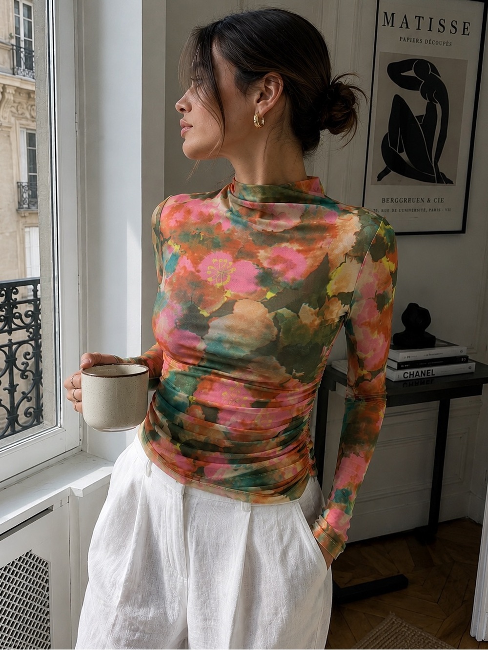 Rails Joelle Sheer Mesh Terra Flora Watercolor Floral Ruched Mock Neck Top Small